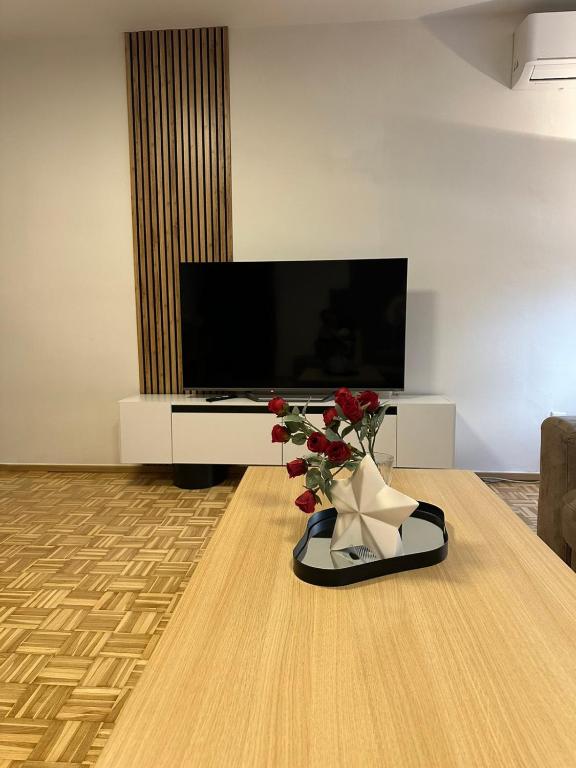 a living room with a television and a vase of flowers at Salt City Apartments in Sepetari
