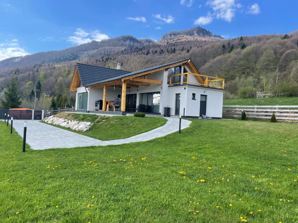a house in the mountains with a green lawn at LuMar Lodge Tohăniță Zarnesti in Zărneşti