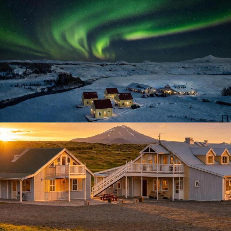 two pictures of a house with the aurora in the sky at Hótel Lækur in Hella