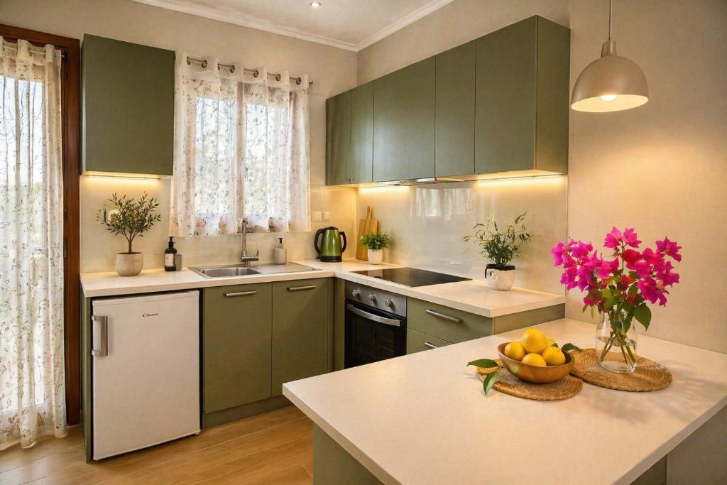 a kitchen with green cabinets and a white counter top at Nikoletta 5 in Vlachopoulátika