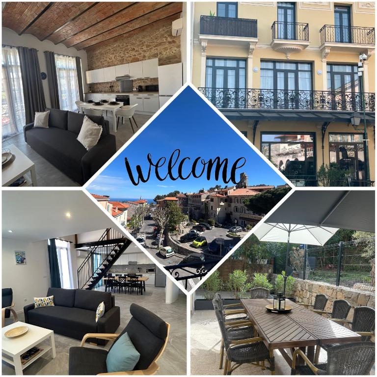 a collage of photos of a house with a welcome sign at Residence "A Torbia" , 5 appartements de 2 à 6 personnes in La Turbie