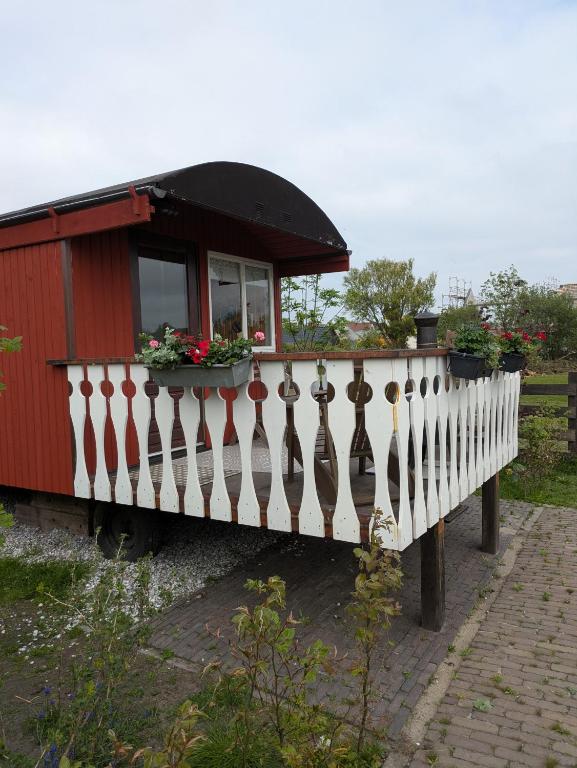 a house with a white fence and flowers on it at Herdershut 'Het Schoehuis', vlakbij zee in Sint Maartensbrug
