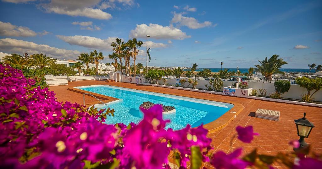 una piscina con flores púrpuras en el primer plano en Villa Palmeras Beach Puerto del Carmen, en Puerto del Carmen