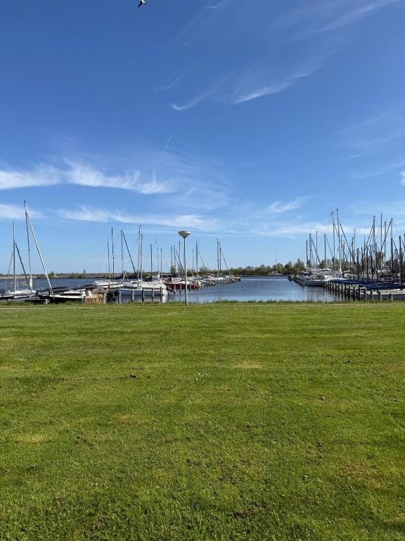 a field of grass with a marina with boats at Stacaravan met schitterend uitzicht over het meer, in Friesland! Op de 5-sterren Camping de Kuilart met Zwembad! in Koudum