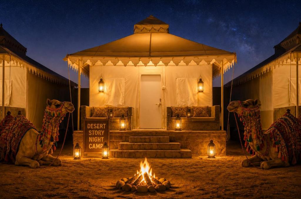 a tent with a fire in front of it at night at Desert Story Night Camp in Jaisalmer