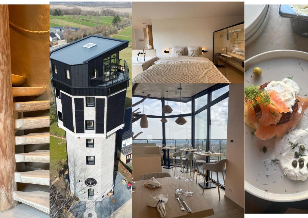 a collage of pictures of a hotel with a lighthouse at Wasserturm Hotel Elsenborn in Butgenbach