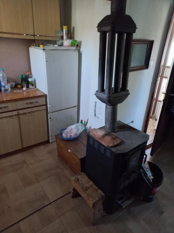 a kitchen with a stove in the middle of a room at Vasin Šib in Crna Bara