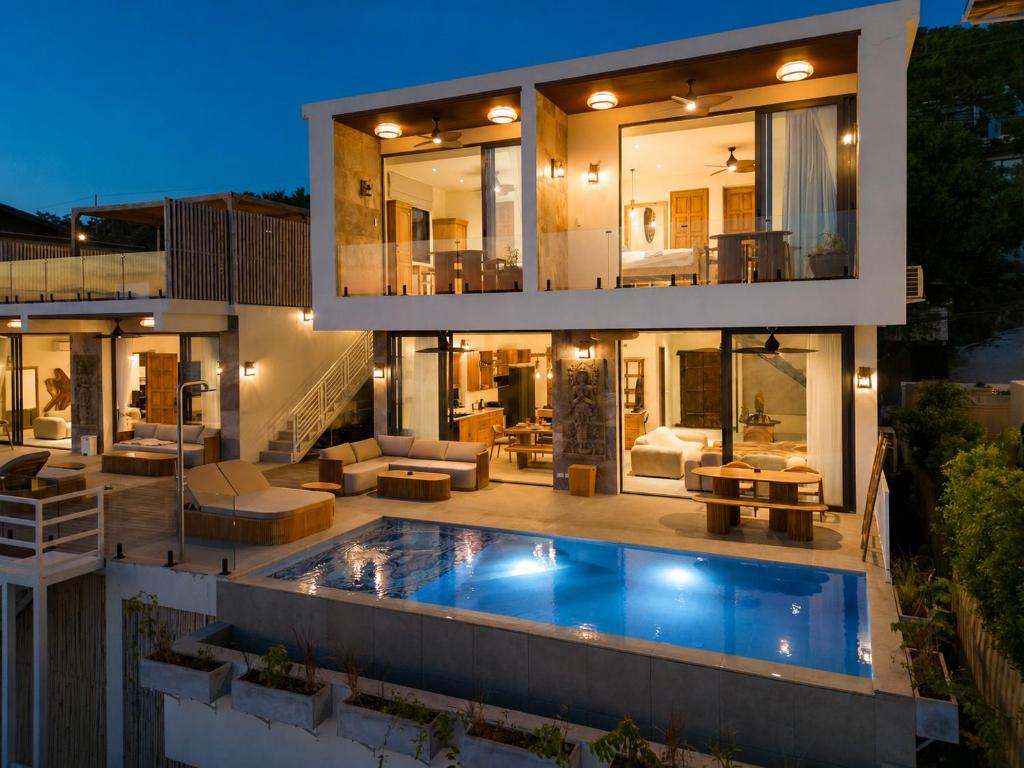 a large house with a swimming pool in front of it at Villa Gaia in Ko Phangan