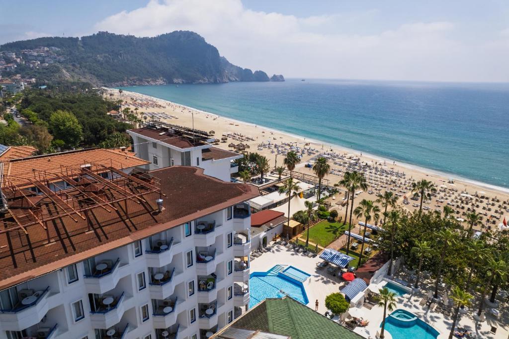 an aerial view of a hotel and the beach at Elysee Beach Hotel in Alanya