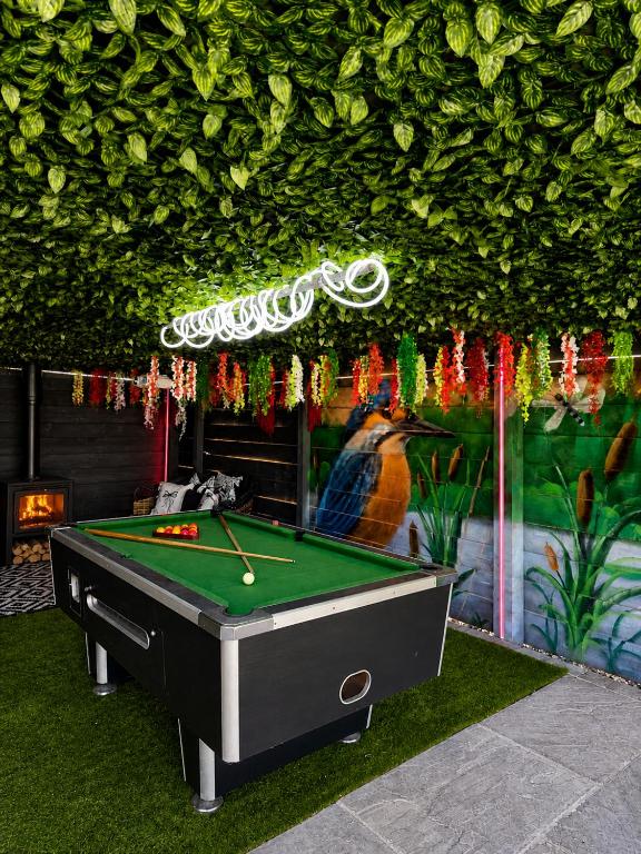 a pool table in front of a wall with a painting at Holly Tree Luxury Lodge in Skipwith