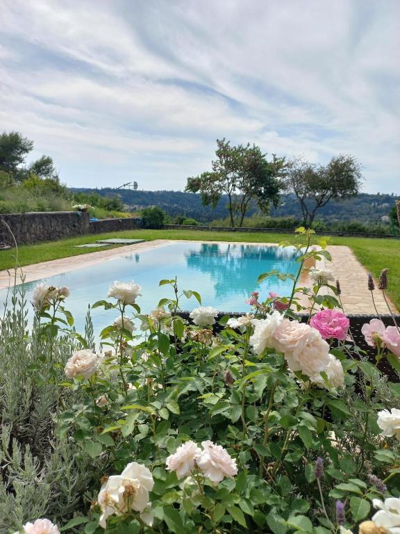 a swimming pool in a garden with pink roses at Corfu Green Escape in Achílleion