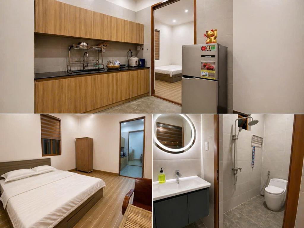 a kitchen and a bedroom with a bed and a refrigerator at Góc Núi Homestay in Thôn Dư Khánh