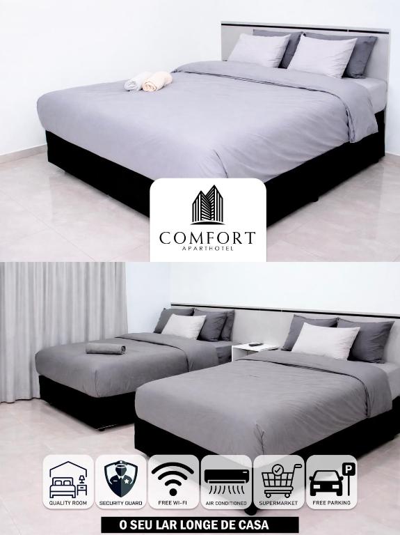 two pictures of a bed in a room at Comfort Aparthotel in Chimoio