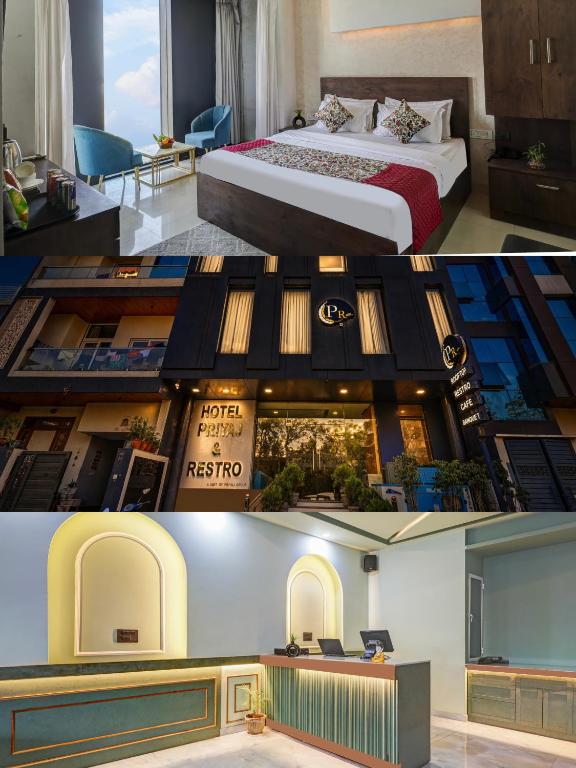two pictures of a hotel room with a bed at Hotel Priyaj Newly Built with Luxury Restaurant in Jaipur