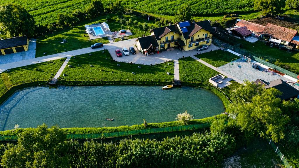 Luftaufnahme eines Hauses und eines Sees in der Unterkunft Casa Sofia Avrig in Avrig