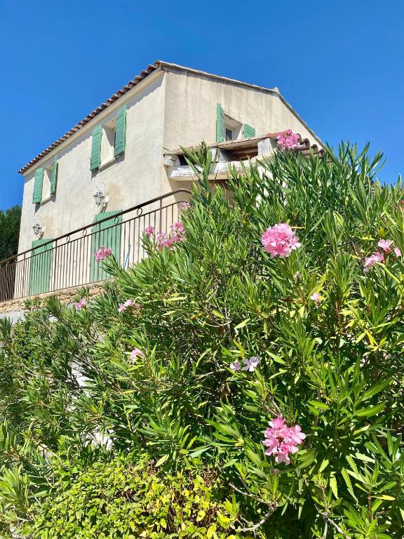 a building behind a bush with pink flowers at La Bastide in Saint-Saturnin-lès-Apt