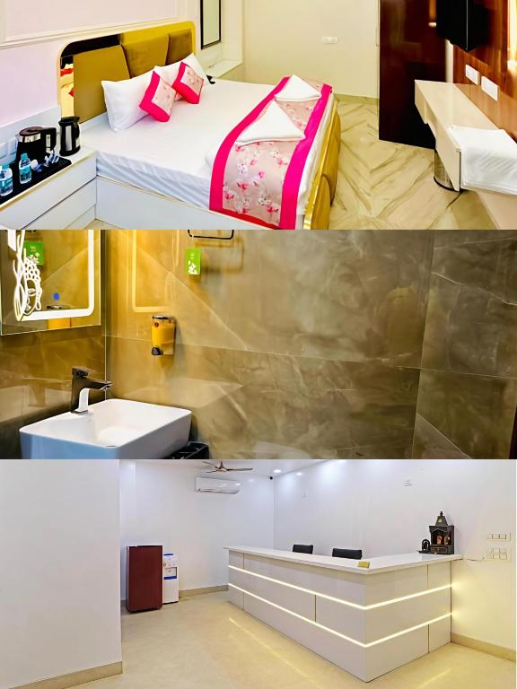 two pictures of a room with a bed and a sink at Hotel Samrat Residency Luxury At Nizamuddin Railway Station in New Delhi