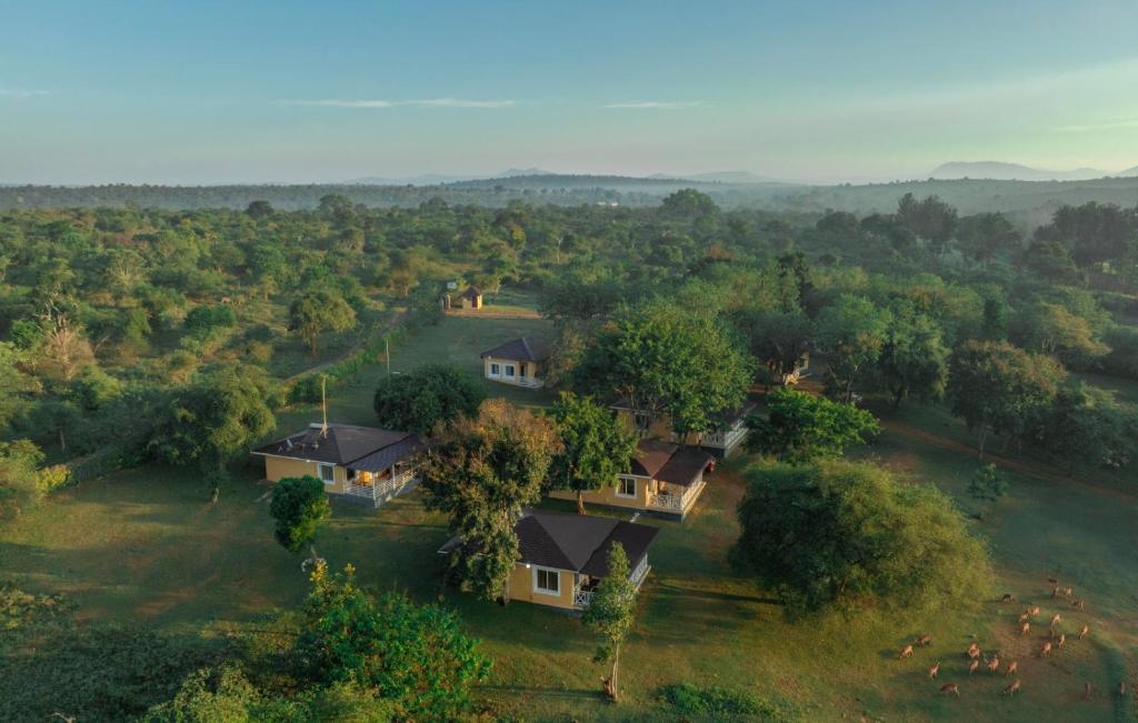 an aerial view of a house in a field at The Wild Forest Resorts in Masinagudi