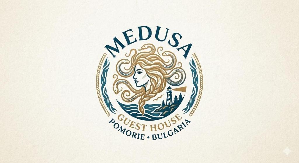 a logo for a merida restaurant with a mermaid at Guest House Medusa - Old town in Pomorie