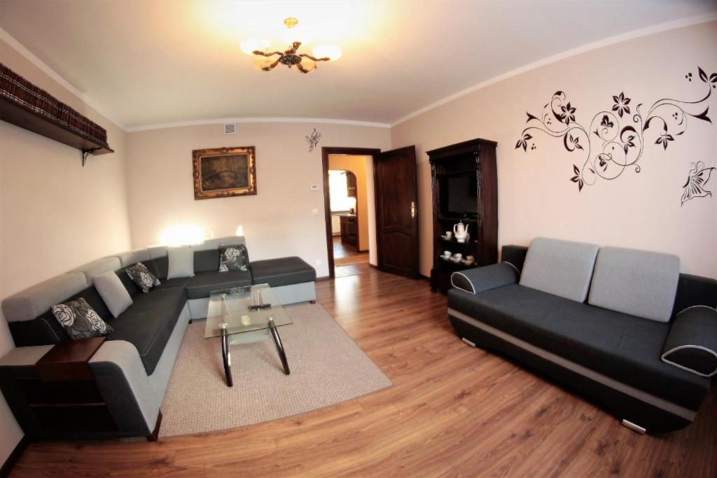 Apartament Morawka في سترونيش لونسكي: غرفة معيشة مع أريكة وطاولة