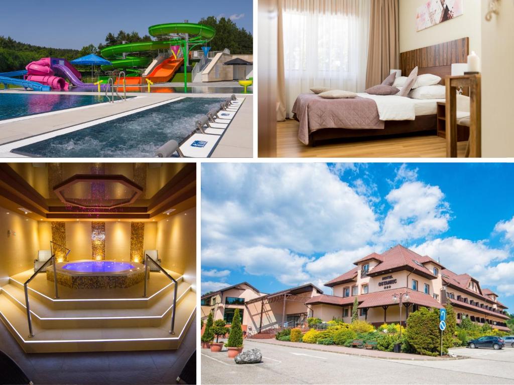 a collage of pictures of a house and a pool at Hotel Ostaniec in Kroczyce