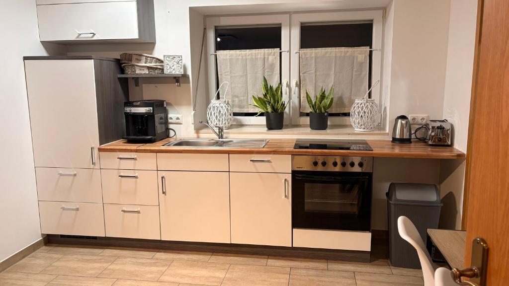 a kitchen with white cabinets and a sink at Gemütliche 60m2 Wohnung mit Terasse in Künzing