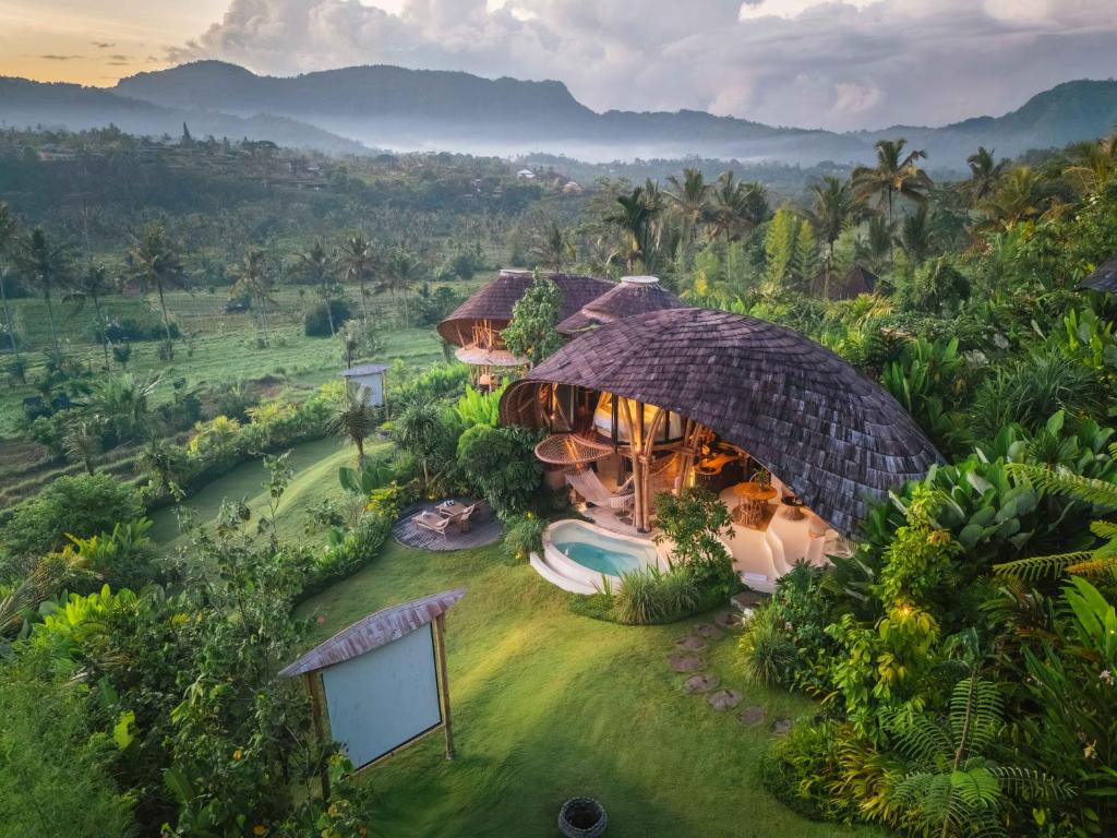 an aerial view of a house in the jungle at Green Earth Bali luxury Bamboo villas in Sidemen
