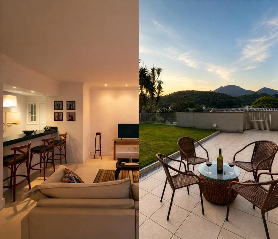 two images of a living room and a kitchen and a patio at Casa Aconchegante com Vista pertinho do Centro Histórico in Petrópolis