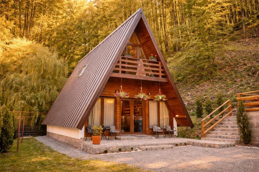 a small house with a triangular roof in a forest at Căbănuțe Izbândiș in Şuncuiuş