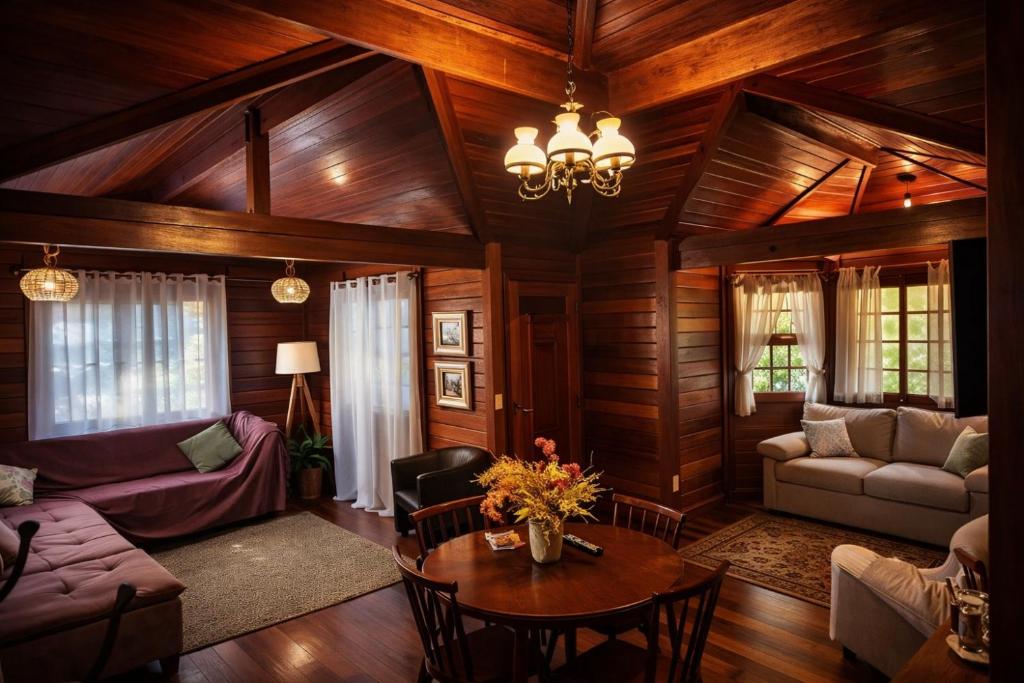 a living room with wood paneling and a table at Chalé vista para Mata Itaipava in Araras Petropolis