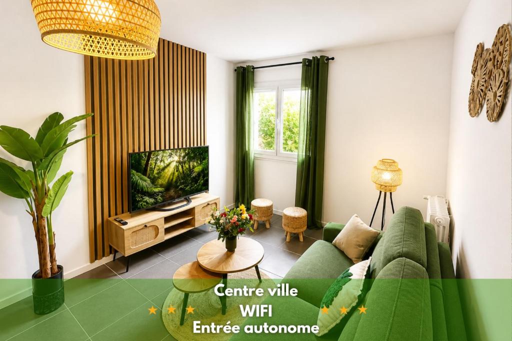 a living room with a green couch and a tv at " Souffle Vert " Wifi - TV - 4 personnes in Muret