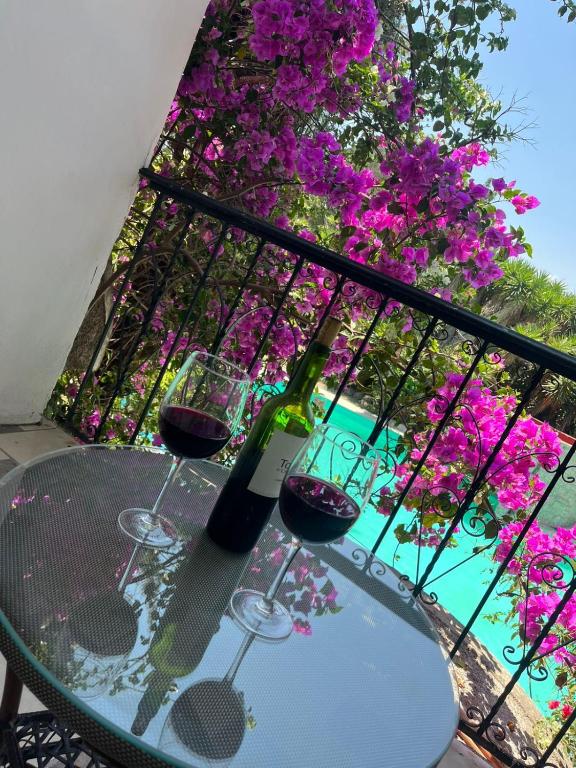 two glasses of wine on a table on a balcony at Hotel Posada La Catrina in Ciudad Fernández