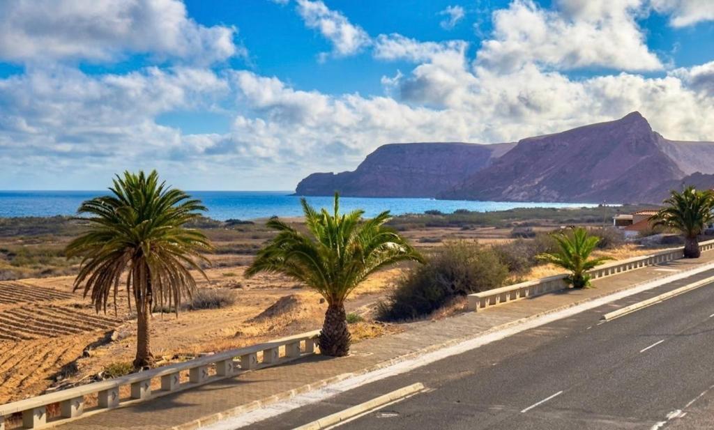 a road in the desert with mountains and palm trees at Casa Sol e Praia in Porto Santo