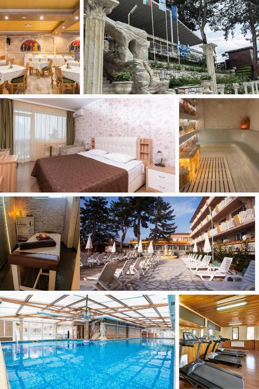 a collage of photos of a hotel with a swimming pool at Balneo & SPA Hotel Aura in Velingrad