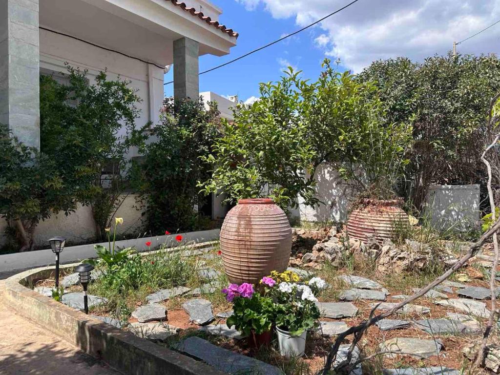 a garden with two large vases in a yard at Themistoklis house in Koropi
