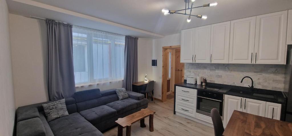 a living room with a blue couch and a kitchen at Old town luxury apartment in Braşov