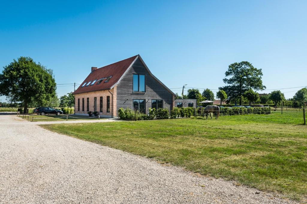 a house with a horse in front of a field at Logies Berckelaer in Sint-Gillis-Waas