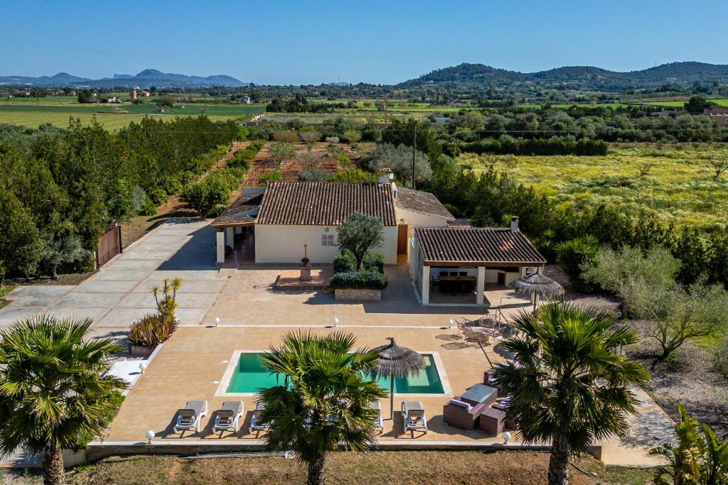 an aerial view of a house with palm trees at Finca Cas Padrins in Manacor