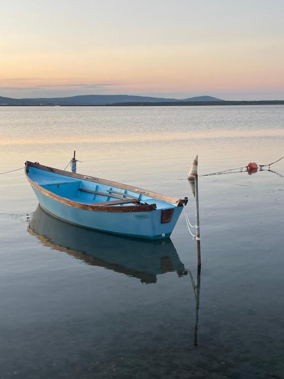 a blue boat is sitting in the water at Au clair soleil in Frontignan