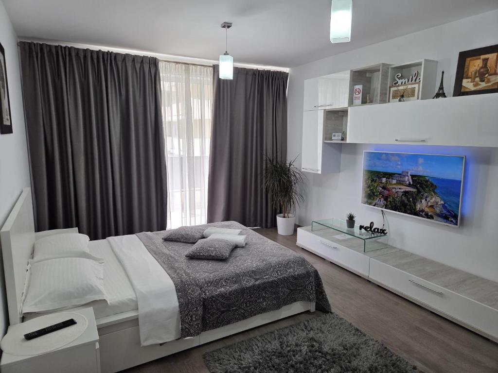 a bedroom with a large bed and a flat screen tv at Wonderful Apartment in Braşov