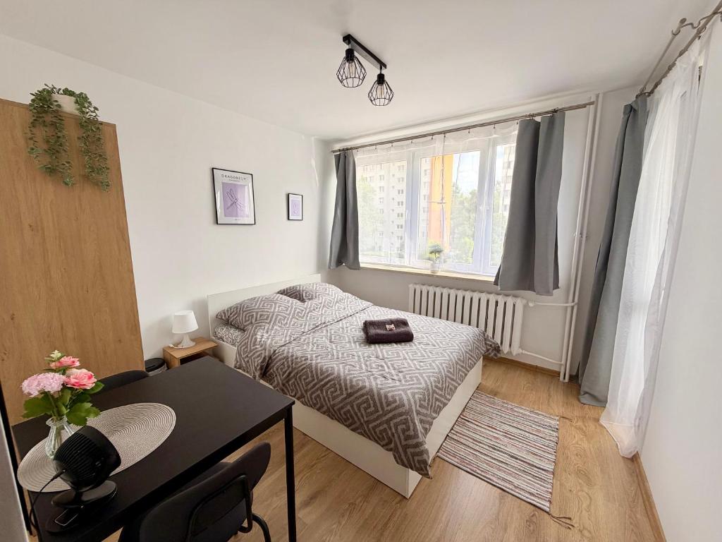a bedroom with a bed and a desk and a window at Muranów Rooms Warsaw in Warsaw