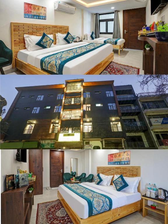 a collage of four pictures of a hotel room at Hotel Ashram View With Luxury Near Nizamuddin Railway Station in New Delhi