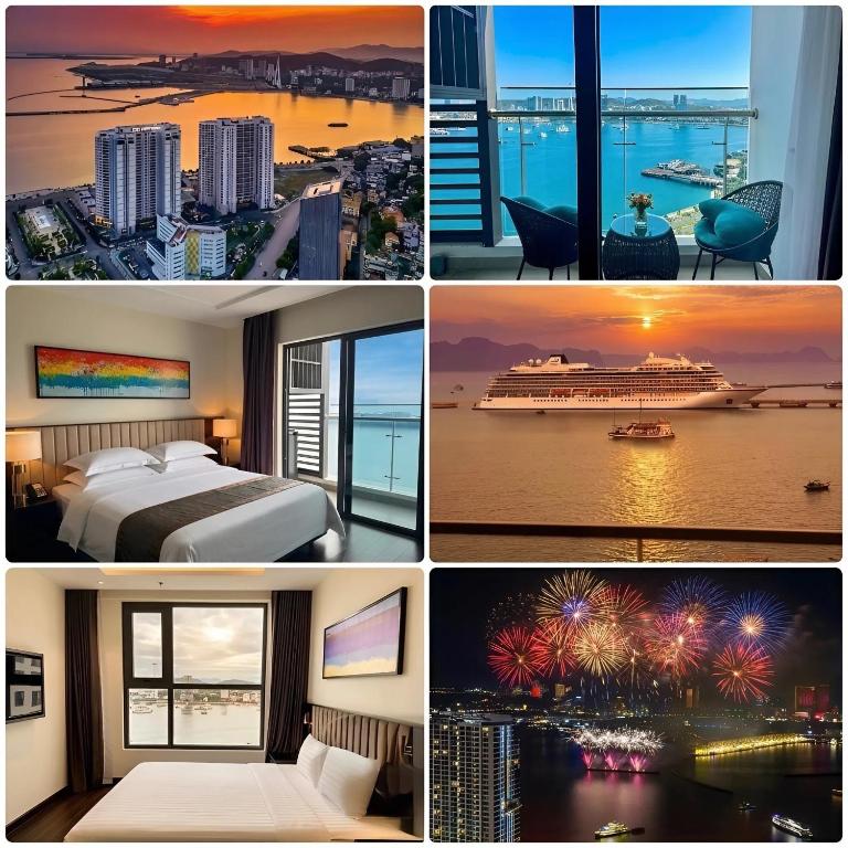 a collage of photos of a hotel room with a cruise ship at Luxury Ocean View Apartments - The Sapphire Ha Long, Studio & 2BR in Ha Long