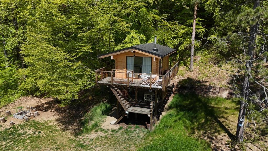 an aerial view of a cabin in the woods at Treetop Tiny House Pod Korunami in Horná Mičiná