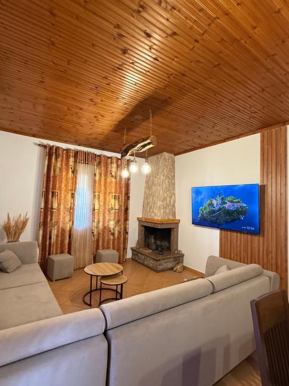 a living room with a couch and a fireplace at Xhoni House in Elbasan