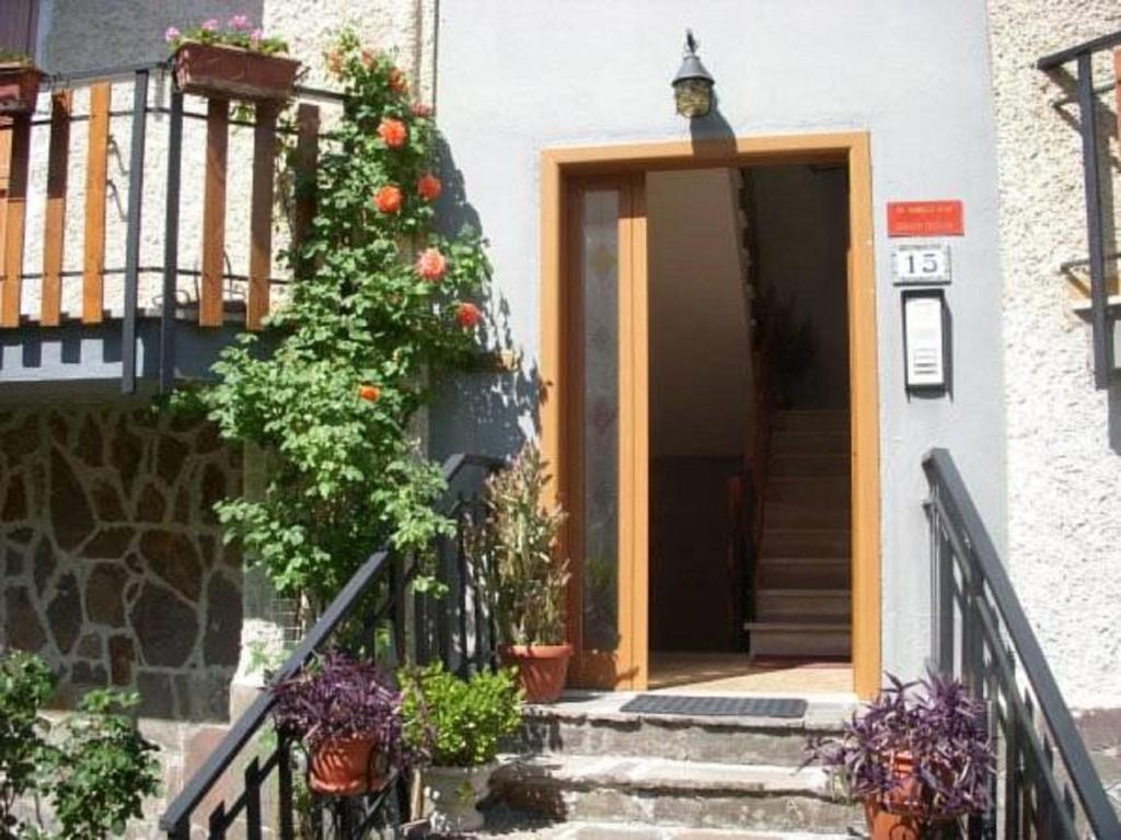 uma porta para um edifício com uma planta com flores em Favelle House em Campo di Giove