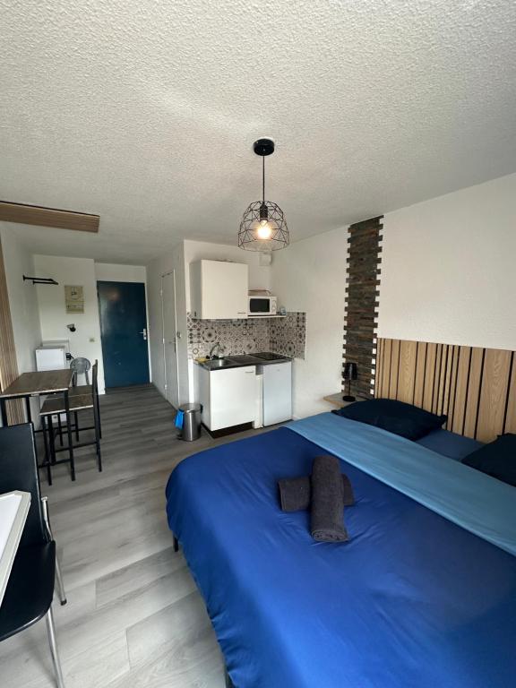a bedroom with a blue bed in a room at Les logis de Paray - app 211 in Paray-le-Monial