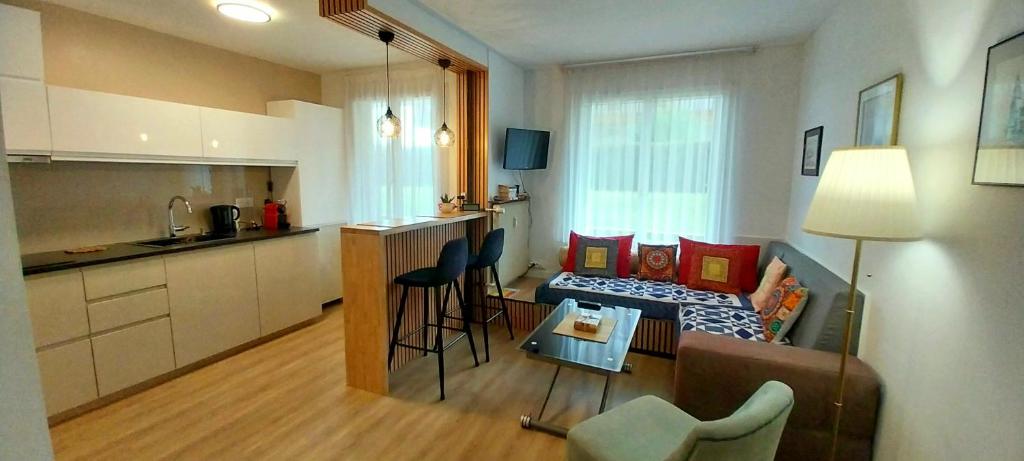 a small apartment with a kitchen and a living room at Appartement Deauville Plage Front de mer in Deauville