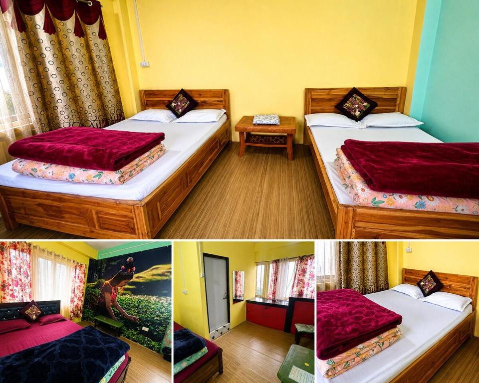 three different pictures of a bedroom with two beds at Fun Viewpoint Homestay Darjeeling in Darjeeling