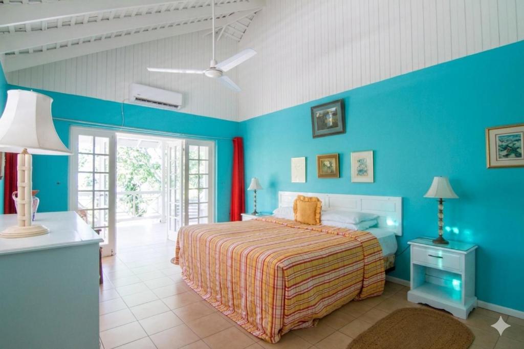 a bedroom with blue walls and a bed in a room at The Rocks Villa in Tower Isle